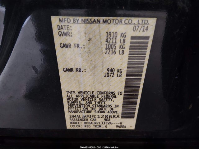 Продаж на аукціоні авто 2015 Nissan Altima 2.5 Sv, vin: 1N4AL3AP3FC128688, номер лоту: 45188052
