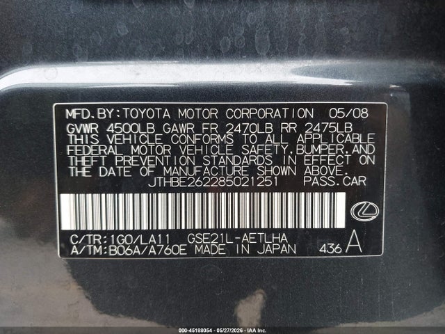 2008 Lexus Is 350 მანქანა იყიდება აუქციონზე, vin: JTHBE262285021251, აუქციონის ნომერი: 45188054