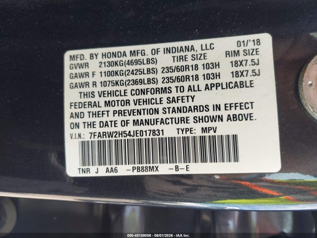 Aukcja sprzedaży 2018 Honda Cr-v Ex, vin: 7FARW2H54JE017831, numer aukcji: 45188056
