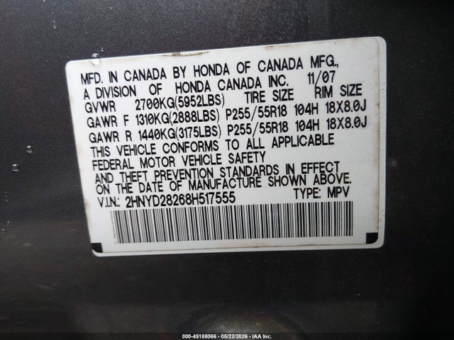 2008 Acura Mdx მანქანა იყიდება აუქციონზე, vin: 2HNYD28268H517555, აუქციონის ნომერი: 45188066