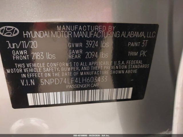 Продажа на аукционе авто 2020 Hyundai Elantra Se, vin: 5NPD74LF4LH603433, номер лота: 45188080