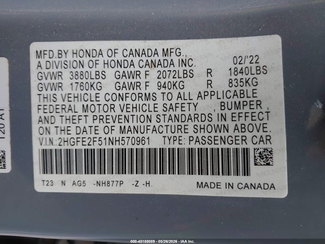 45188089 :رقم المزاد ، 2HGFE2F51NH570961 vin ، 2022 Honda Civic Sport مزاد بيع