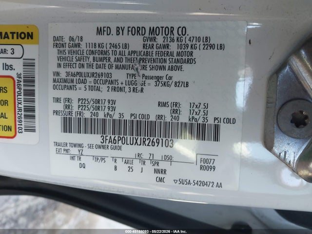 3FA6P0LUXJR269103 Ford Fusion Hybrid Se
