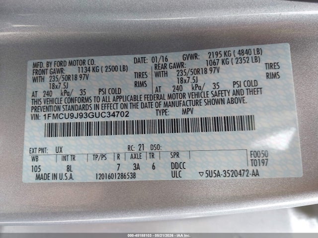 45188103 :رقم المزاد ، 1FMCU9J93GUC34702 vin ، 2016 Ford Escape Titanium مزاد بيع