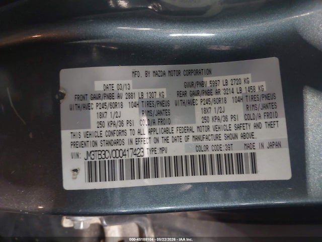 45188104 :رقم المزاد ، JM3TB3CV0D0417423 vin ، 2013 Mazda Cx-9 Touring مزاد بيع