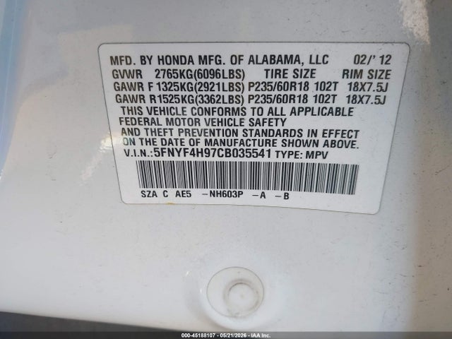 Aukcja sprzedaży 2012 Honda Pilot Touring, vin: 5FNYF4H97CB035541, numer aukcji: 45188107