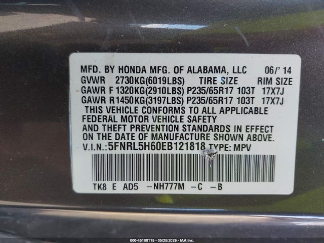 Aukcja sprzedaży 2014 Honda Odyssey Ex-l, vin: 5FNRL5H60EB121818, numer aukcji: 45188115