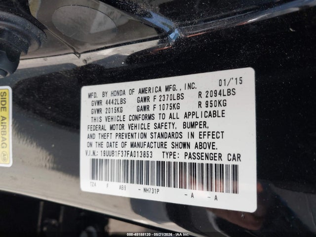 45188120 :رقم المزاد ، 19UUB1F37FA013853 vin ، 2015 Acura Tlx مزاد بيع