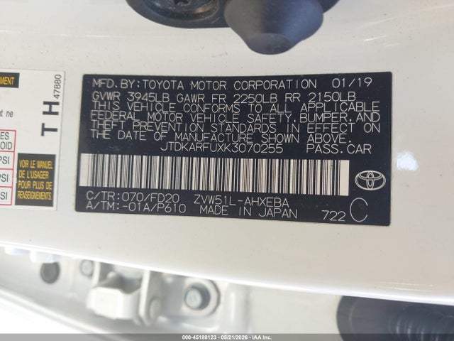 Auction sale of the 2019 Toyota Prius Le, vin: JTDKARFUXK3070255, lot number: 45188123