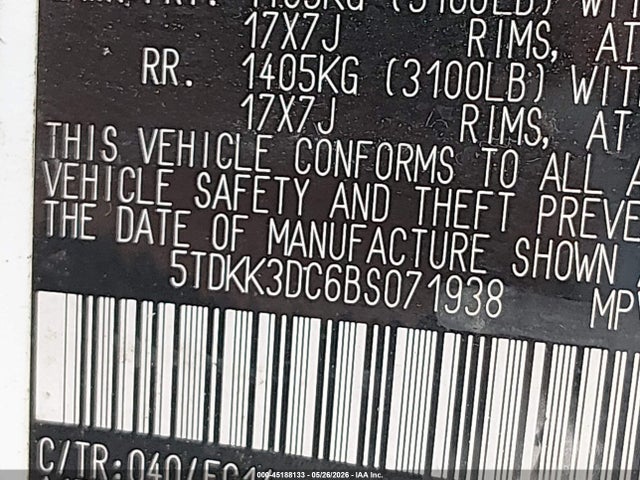 2011 Toyota Sienna Le V6 მანქანა იყიდება აუქციონზე, vin: 5TDKK3DC6BS071938, აუქციონის ნომერი: 45188133