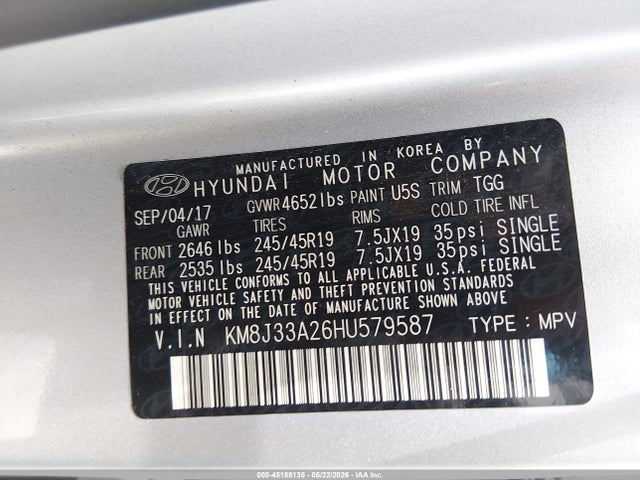 Aukcja sprzedaży 2017 Hyundai Tucson Value, vin: KM8J33A26HU579587, numer aukcji: 45188135
