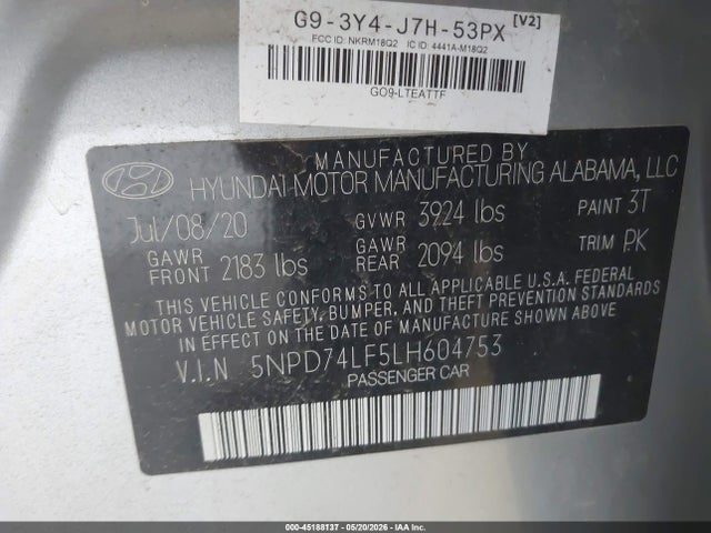 Продажа на аукционе авто 2020 Hyundai Elantra Se, vin: 5NPD74LF5LH604753, номер лота: 45188137