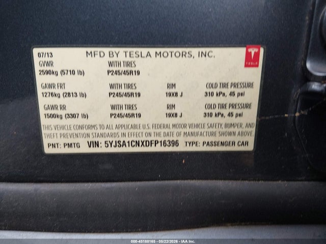 Aukcja sprzedaży 2013 Tesla Model S, vin: 5YJSA1CNXDFP16396, numer aukcji: 45188165
