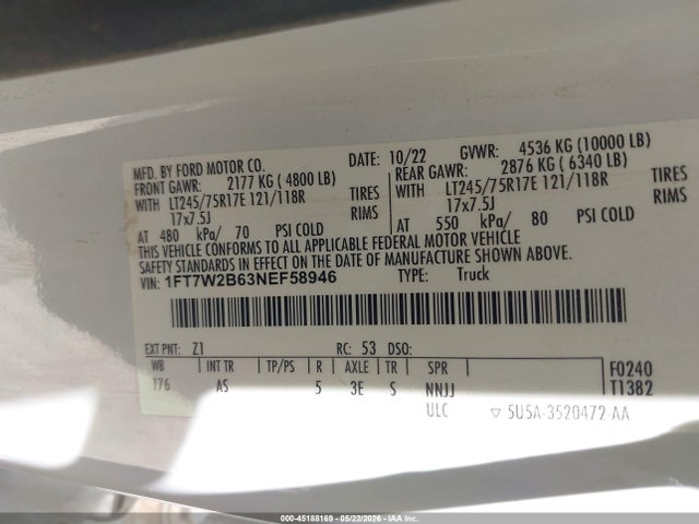 Продажа на аукционе авто 2022 Ford F-250 Xl, vin: 1FT7W2B63NEF58946, номер лота: 45188169