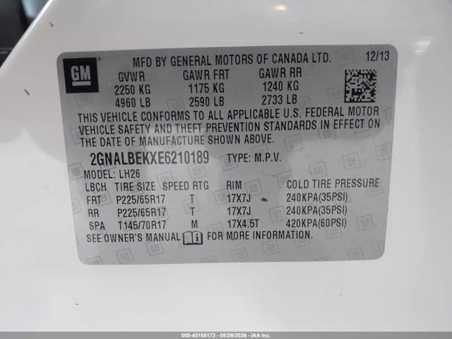 Chevrolet EQUINOX 1LT 2014 2GNALBEKXE6210189 Image 9