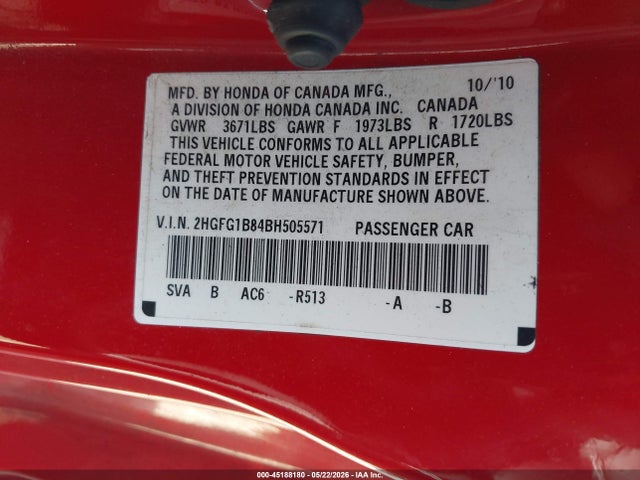 Aukcja sprzedaży 2011 Honda Civic Ex, vin: 2HGFG1B84BH505571, numer aukcji: 45188180