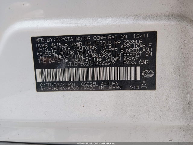 Aukcja sprzedaży 2012 Lexus Is 250, vin: JTHCF5C23C5055649, numer aukcji: 45188185