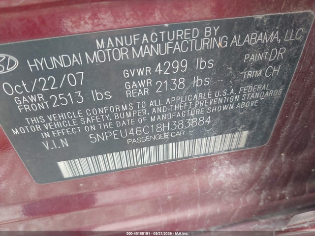 Aukcja sprzedaży 2008 Hyundai Sonata Limited/se, vin: 5NPEU46C18H383884, numer aukcji: 45188191