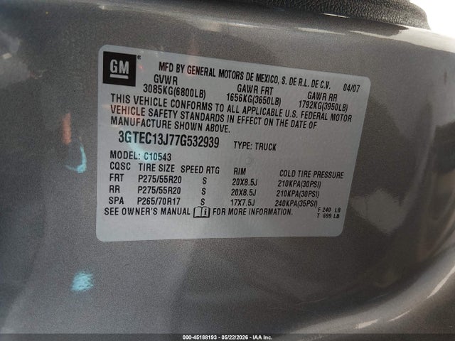 Aukcja sprzedaży 2007 Gmc Sierra 1500 Sle2, vin: 3GTEC13J77G532939, numer aukcji: 45188193
