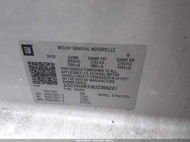 Продаж на аукціоні авто 2018 Chevrolet Silverado 1500 1lt, vin: 1GCVKREC8JZ355227, номер лоту: 45188194