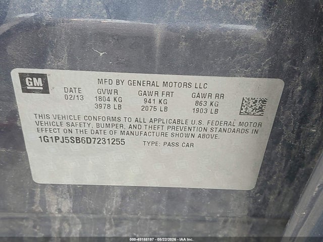 Aukcja sprzedaży 2013 Chevrolet Cruze Eco Manual, vin: 1G1PJ5SB6D7231255, numer aukcji: 45188197
