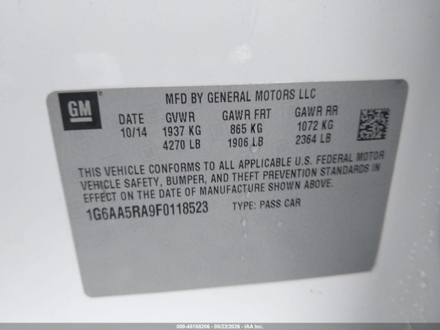 2015 Cadillac Ats Standard მანქანა იყიდება აუქციონზე, vin: 1G6AA5RA9F0118523, აუქციონის ნომერი: 45188206