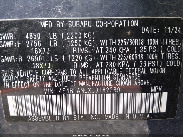Aukcja sprzedaży 2025 Subaru Outback Limited, vin: 4S4BTANCXS3182389, numer aukcji: 45188237