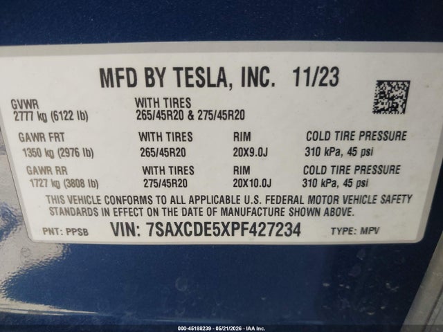 Aukcja sprzedaży 2023 Tesla Model X Dual Motor All-wheel Drive/standard Range, vin: 7SAXCDE5XPF427234, numer aukcji: 45188239