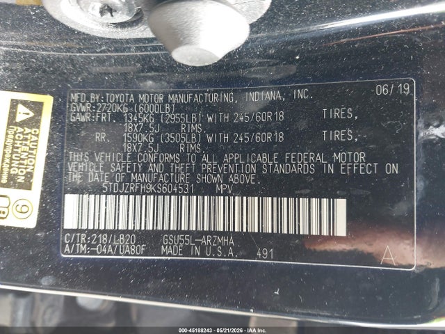 Продаж на аукціоні авто 2019 Toyota Highlander Xle, vin: 5TDJZRFH9KS604531, номер лоту: 45188243