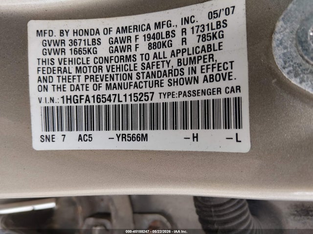 2007 Honda Civic Lx მანქანა იყიდება აუქციონზე, vin: 1HGFA16547L115257, აუქციონის ნომერი: 45188247