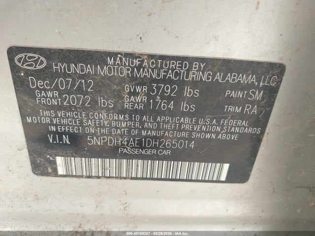 2013 Hyundai Elantra Gls მანქანა იყიდება აუქციონზე, vin: 5NPDH4AE1DH265014, აუქციონის ნომერი: 45188257