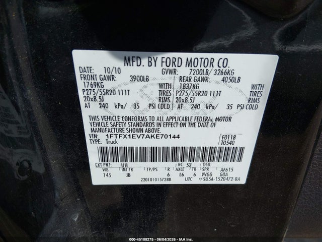 Продажа на аукционе авто 2010 Ford F-150 Fx4/lariat/xl/xlt, vin: 1FTFX1EV7AKE70144, номер лота: 45188275