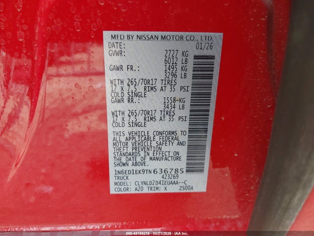 Продажа на аукционе авто 2026 Nissan Frontier, vin: 1N6ED1EK9TN636785, номер лота: 45188276
