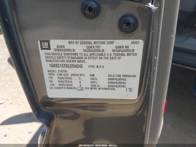 2002 Gmc Yukon Sle მანქანა იყიდება აუქციონზე, vin: 1GKEC13T82J294242, აუქციონის ნომერი: 45188278