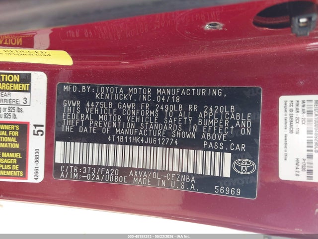 Aukcja sprzedaży 2018 Toyota Camry Le, vin: 4T1B11HK4JU612774, numer aukcji: 45188283