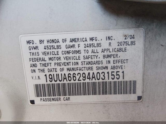 45188295 :رقم المزاد ، 19UUA66294A031551 vin ، 2004 Acura Tl مزاد بيع