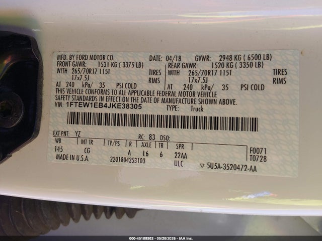 Aukcja sprzedaży 2018 Ford F-150 Xl, vin: 1FTEW1EB4JKE38305, numer aukcji: 45188302