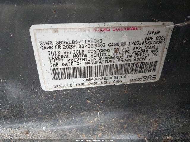 2002 Mitsubishi Lancer Es მანქანა იყიდება აუქციონზე, vin: JA3AJ26E82U038764, აუქციონის ნომერი: 45188316