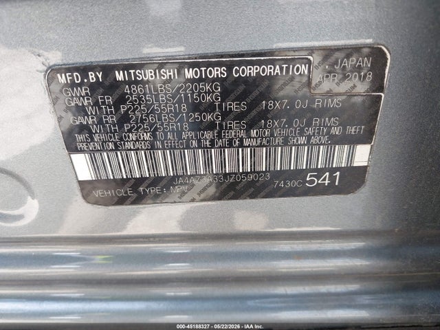 Aukcja sprzedaży 2018 Mitsubishi Outlander Es/le/se/sel, vin: JA4AZ3A33JZ059023, numer aukcji: 45188327