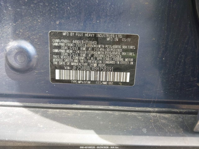 2011 Subaru Forester 2.5x მანქანა იყიდება აუქციონზე, vin: JF2SHBACXBH758391, აუქციონის ნომერი: 45188328