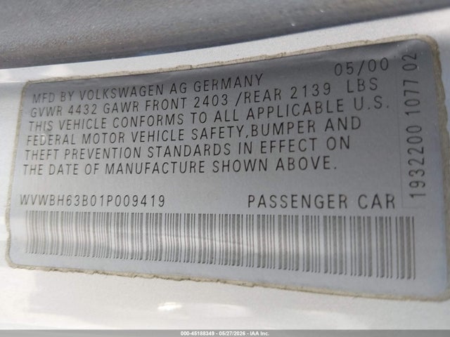 2001 Volkswagen Passat Glx მანქანა იყიდება აუქციონზე, vin: WVWBH63B01P009419, აუქციონის ნომერი: 45188349