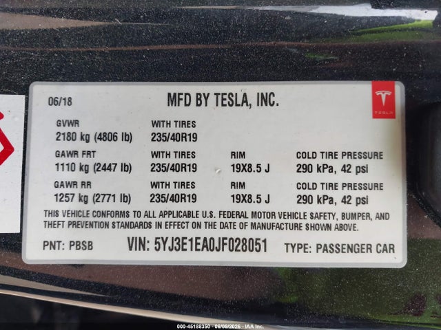 Aukcja sprzedaży 2018 Tesla Model 3 Long Range/mid Range, vin: 5YJ3E1EA0JF028051, numer aukcji: 45188350