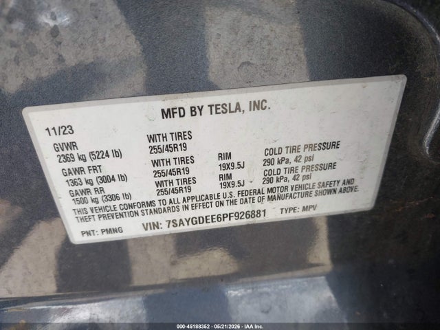 7SAYGDEE6PF926881 Tesla Model Y Awd/long Range Dual Motor All-wheel Drive