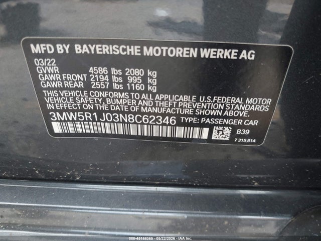 Продажа на аукционе авто 2022 Bmw 330i, vin: 3MW5R1J03N8C62346, номер лота: 45188365