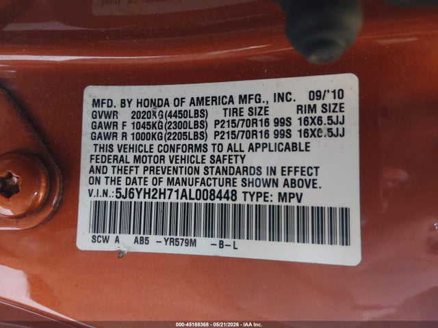 45188368 :رقم المزاد ، 5J6YH2H71AL008448 vin ، 2010 Honda Element Ex مزاد بيع