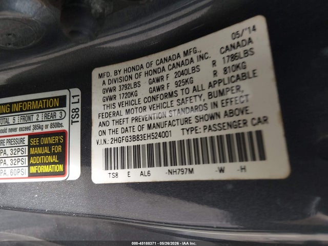 Honda CIVIC EX 2014 2HGFG3B83EH524001 Image 9