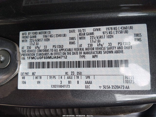 Продажа на аукционе авто 2021 Ford Escape S, vin: 1FMCU0F69MUA94712, номер лота: 45188385