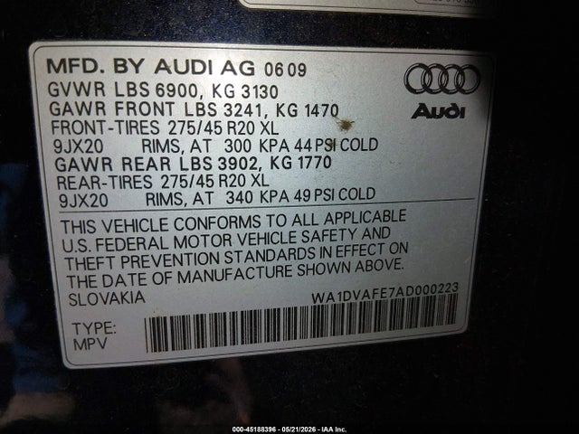 45188396 :رقم المزاد ، WA1DVAFE7AD000223 vin ، 2010 Audi Q7 4.2 Prestige مزاد بيع