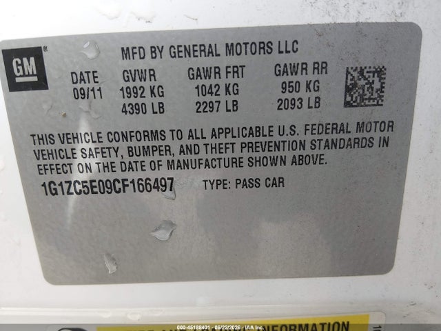 45188401 :رقم المزاد ، 1G1ZC5E09CF166497 vin ، 2012 Chevrolet Malibu 1lt مزاد بيع