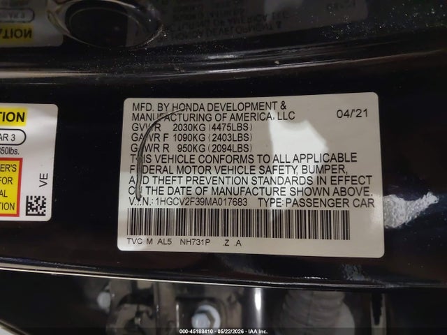 2021 Honda Accord Sport 2.0t მანქანა იყიდება აუქციონზე, vin: 1HGCV2F39MA017683, აუქციონის ნომერი: 45188410